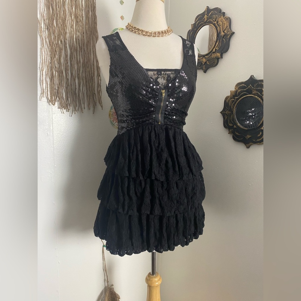 Arden B strapless mini dress black punk princess sequin lace zippers fun XS